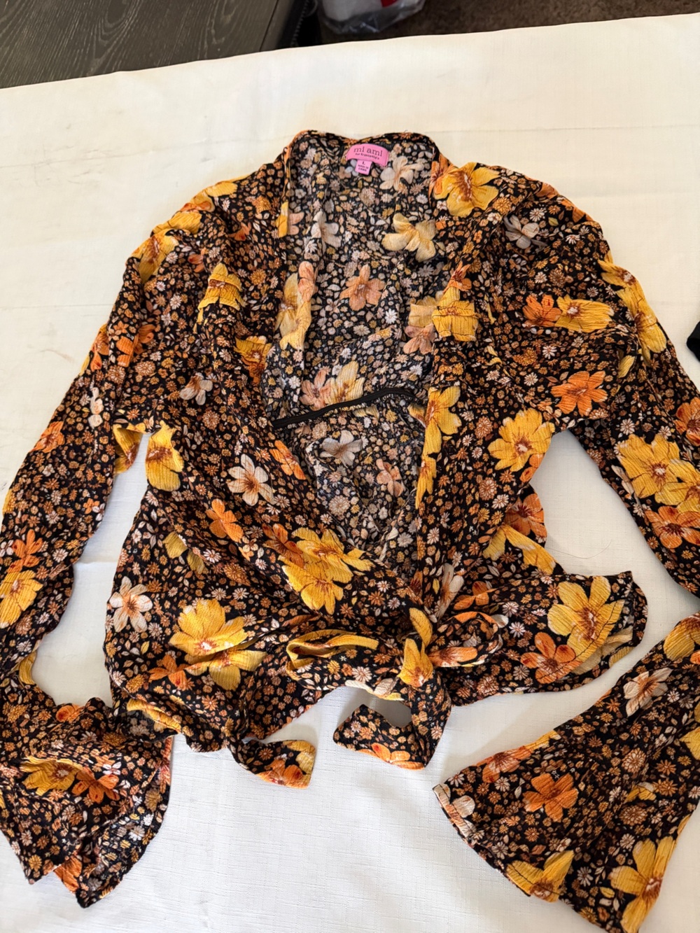 Floral Tie-Waist Women’s Blouse in Black and Yellow